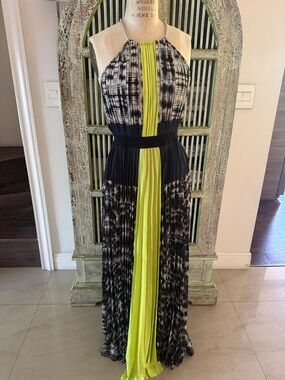BCBGMaxAzria Black and Lime Halter Pleated Maxi Dress